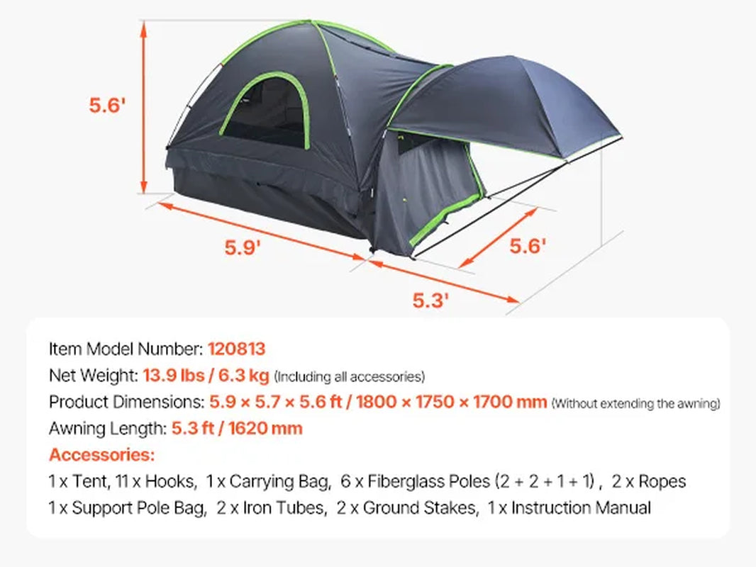 Pickup Truck Tent for Camping Waterproof PU2000 2-3 Person Truck Bed Tent Truck Bed Camper Shell with Expandable Awning