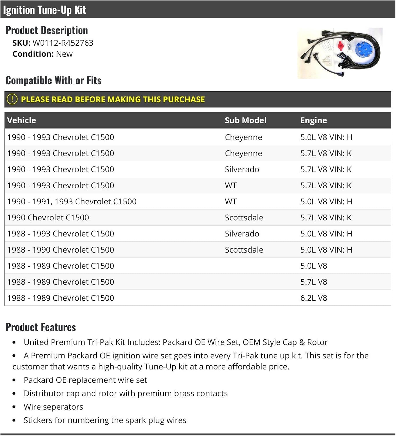 Ignition Tune-Up Kit - Spark Plug Wires, Distributor Cap and Rotor - Compatible with 1988-1993 Chevy C1500 V8