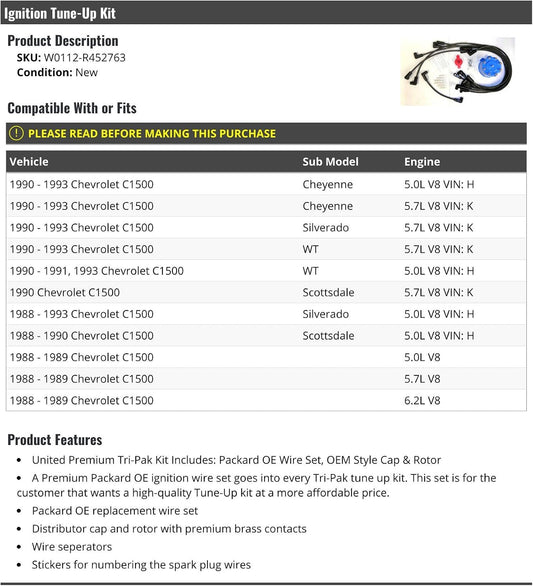 Ignition Tune-Up Kit - Spark Plug Wires, Distributor Cap and Rotor - Compatible with 1988-1993 Chevy C1500 V8