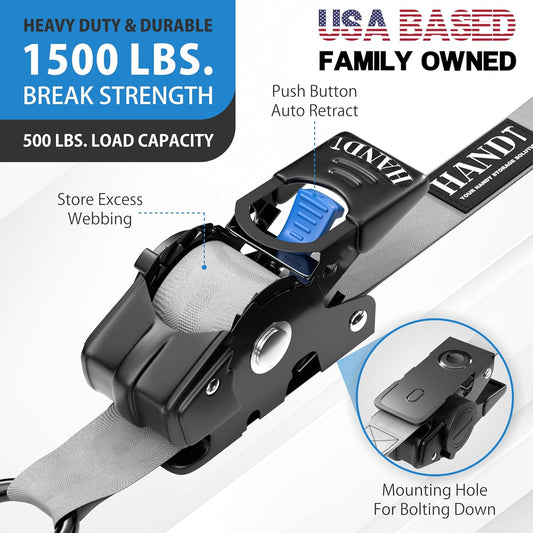 USA Based Retractable Ratchet Straps (4PK) 1In X 6Ft - 1,500Lb Break Strength, Heavy Duty Automatic Ratchet Straps Self Retractable Tie Down, Push Button Retracting Truck Trailer Cargo | Gray