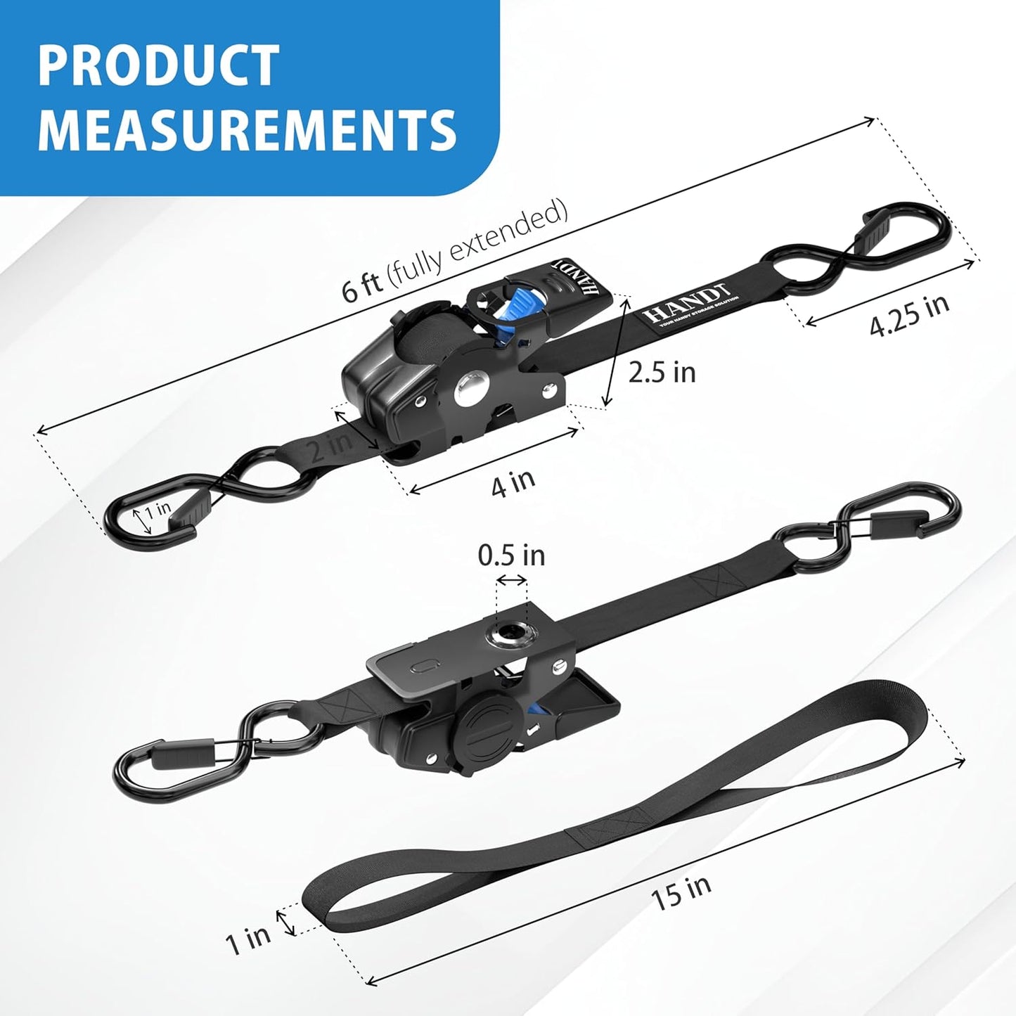 USA Based Retractable Ratchet Straps (4PK) 1In X 6Ft - 1,500Lb Break Strength, Heavy Duty Automatic Ratchet Straps Self Retractable Tie Down, Push Button Retracting Truck Trailer Cargo | Black