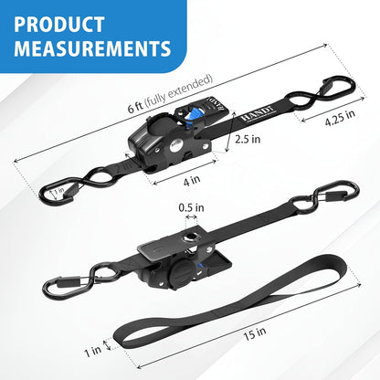 USA Based Retractable Ratchet Straps (4PK) 1In X 6Ft - 1,500Lb Break Strength, Heavy Duty Automatic Ratchet Straps Self Retractable Tie Down, Push Button Retracting Truck Trailer Cargo | Black
