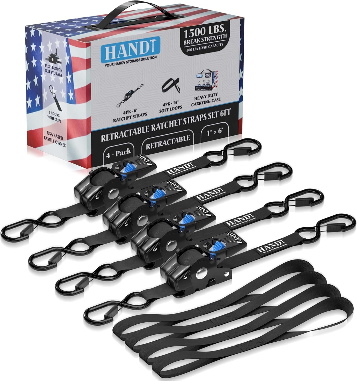 USA Based Retractable Ratchet Straps (4PK) 1In X 6Ft - 1,500Lb Break Strength, Heavy Duty Automatic Ratchet Straps Self Retractable Tie Down, Push Button Retracting Truck Trailer Cargo | Black
