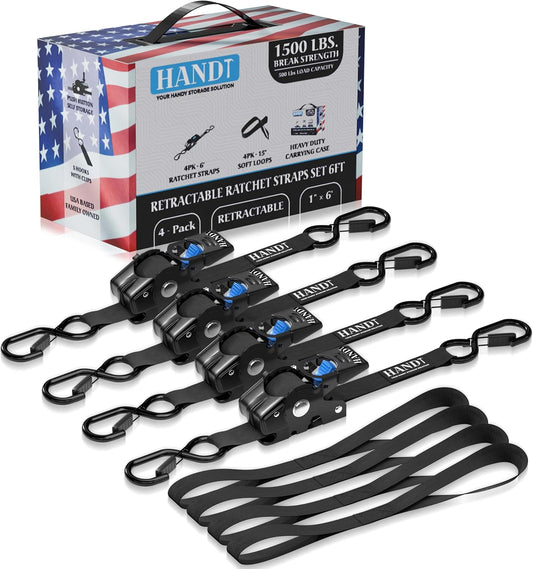 USA Based Retractable Ratchet Straps (4PK) 1In X 6Ft - 1,500Lb Break Strength, Heavy Duty Automatic Ratchet Straps Self Retractable Tie Down, Push Button Retracting Truck Trailer Cargo | Black