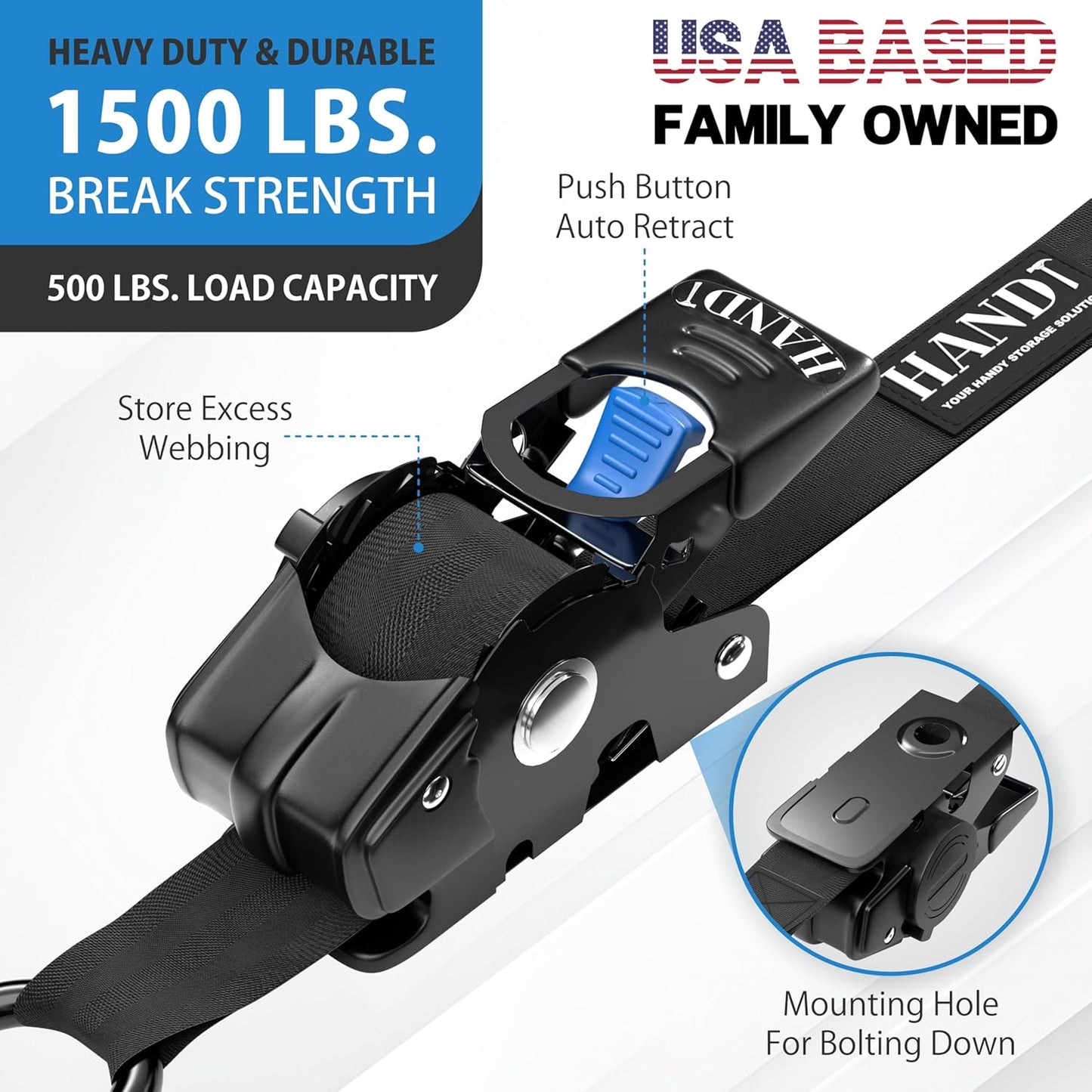 USA Based Retractable Ratchet Straps (4PK) 1In X 6Ft - 1,500Lb Break Strength, Heavy Duty Automatic Ratchet Straps Self Retractable Tie Down, Push Button Retracting Truck Trailer Cargo | Black