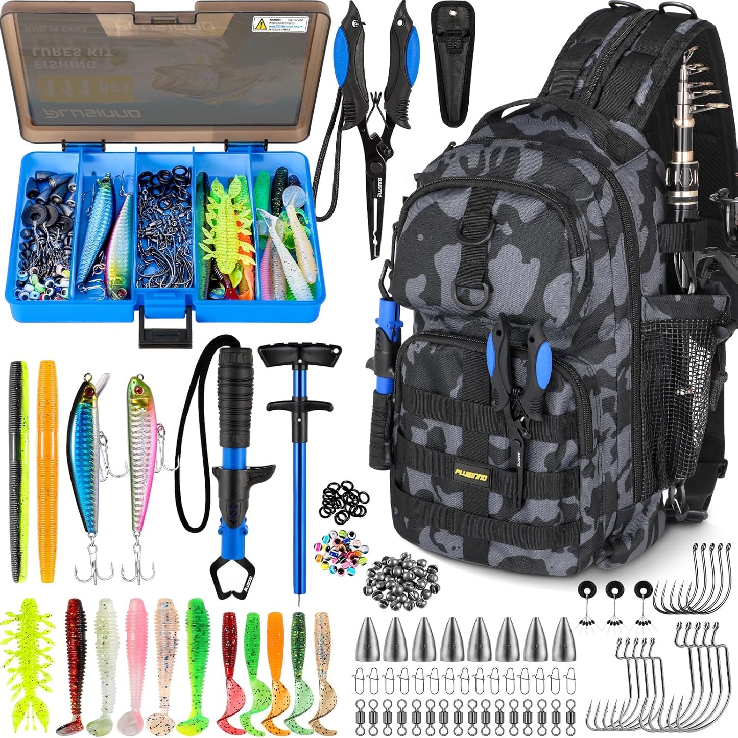 Fishing Backpack with Tackle Boxes, Waterproof Fishing Sling Tackle Bag for Fishing Gear with Rod Holder, Fishing Gifts for Men with Fishing Lures, Fishing Pliers.