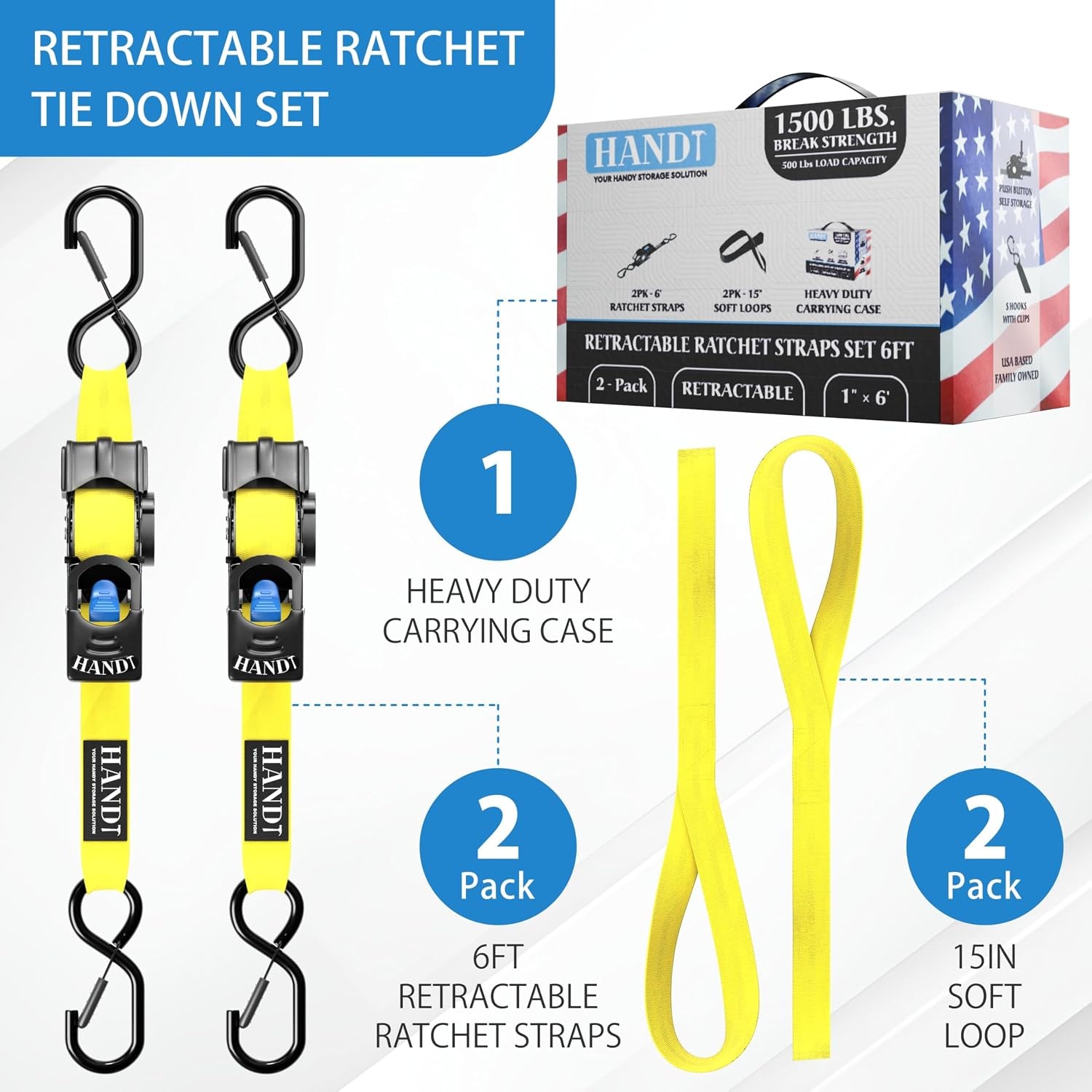 USA Based Retractable Ratchet Straps (2PK) 1In X 6Ft - 1,500Lb Break Strength, Heavy Duty Automatic Ratchet Straps Self Retractable Tie Down, Push Button Retracting Truck Trailer Cargo | Yellow