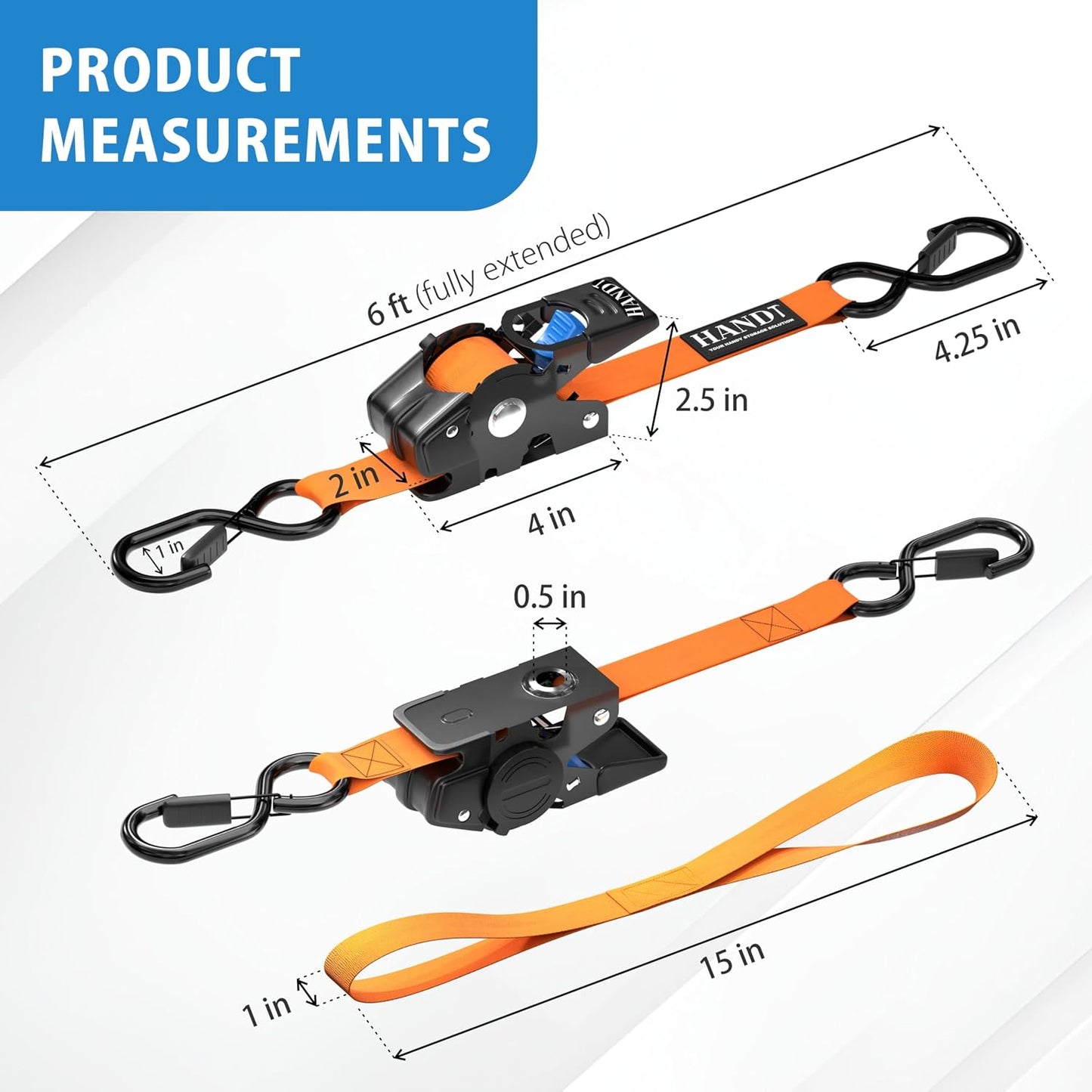 USA Based Retractable Ratchet Straps (2PK) 1In X 6Ft - 1,500Lb Break Strength, Heavy Duty Automatic Ratchet Straps Self Retractable Tie Down, Push Button Retracting Truck Trailer Cargo | Orange