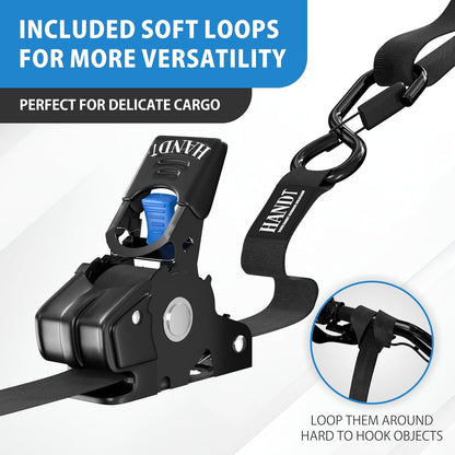 USA Based Retractable Ratchet Straps (4PK) 1In X 6Ft - 1,500Lb Break Strength, Heavy Duty Automatic Ratchet Straps Self Retractable Tie Down, Push Button Retracting Truck Trailer Cargo | Black
