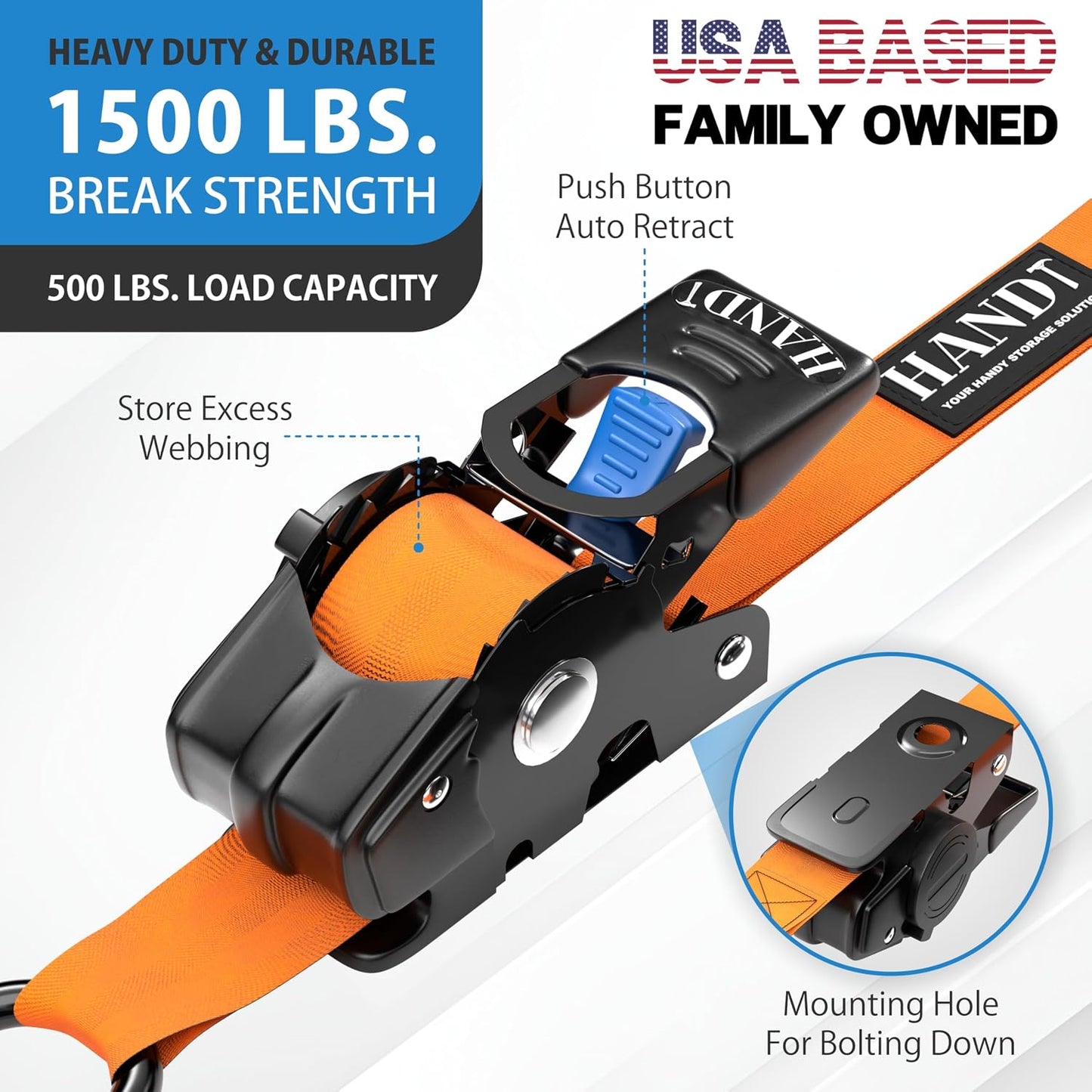 USA Based Retractable Ratchet Straps (2PK) 1In X 6Ft - 1,500Lb Break Strength, Heavy Duty Automatic Ratchet Straps Self Retractable Tie Down, Push Button Retracting Truck Trailer Cargo | Orange