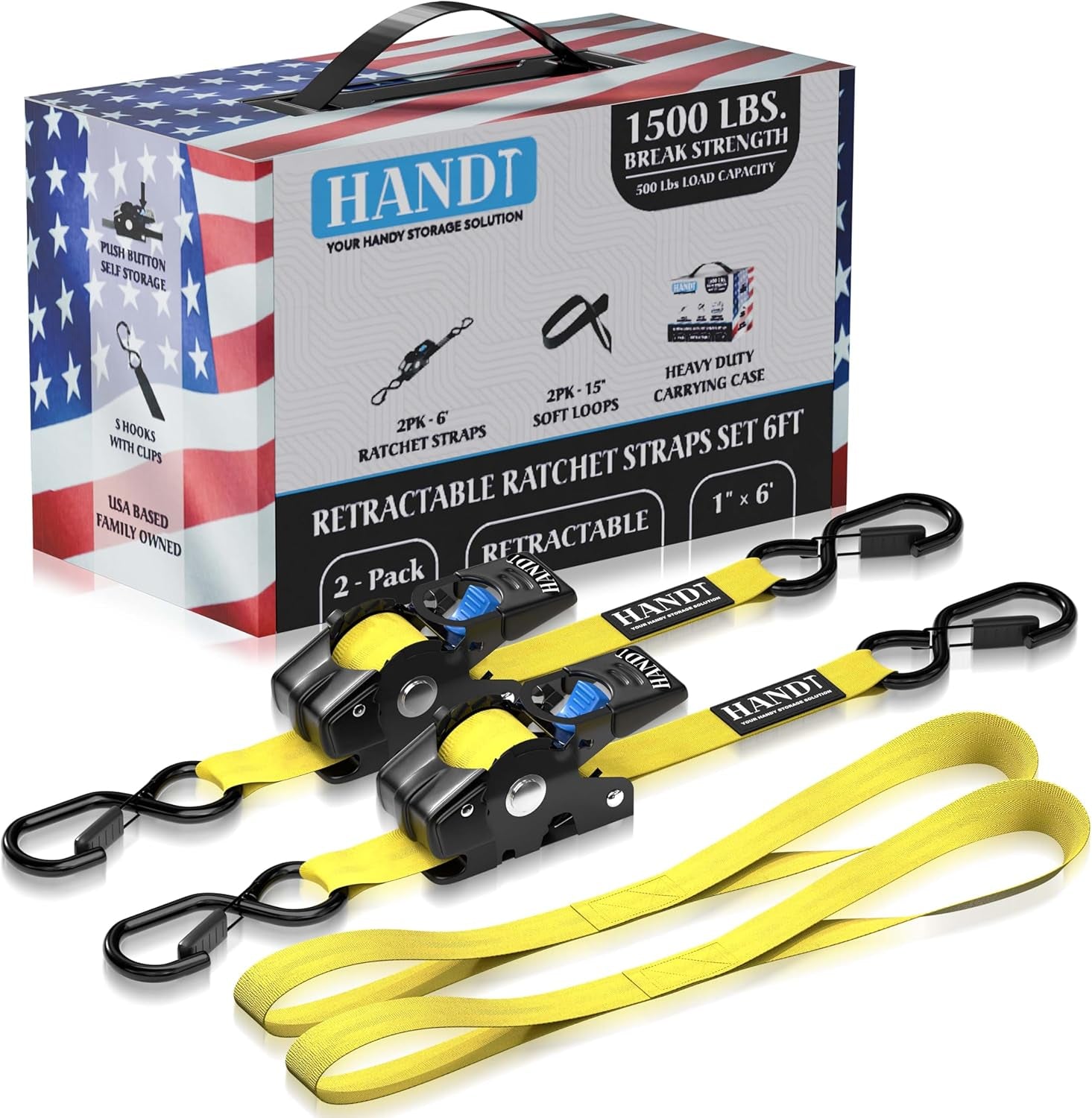 USA Based Retractable Ratchet Straps (2PK) 1In X 6Ft - 1,500Lb Break Strength, Heavy Duty Automatic Ratchet Straps Self Retractable Tie Down, Push Button Retracting Truck Trailer Cargo | Yellow