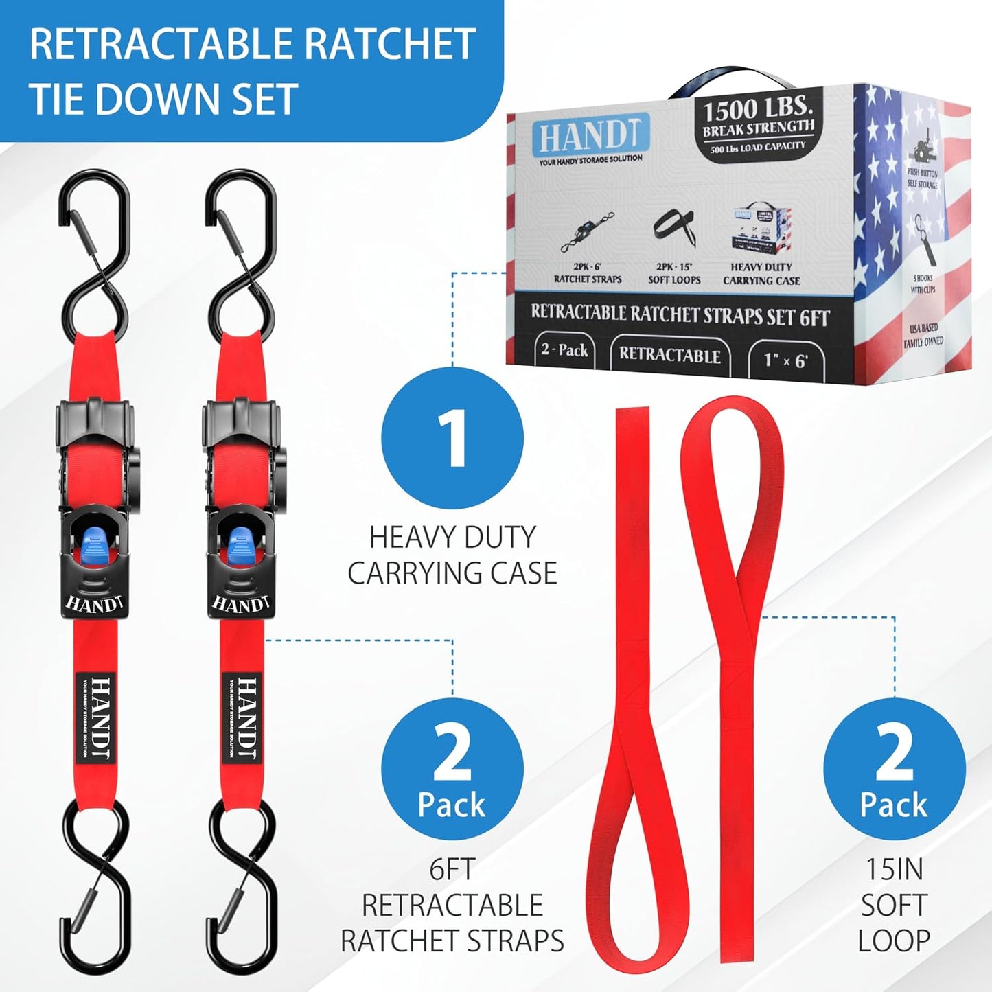 USA Based Retractable Ratchet Straps (2PK) 1In X 6Ft - 1,500Lb Break Strength, Heavy Duty Automatic Ratchet Straps Self Retractable Tie Down, Push Button Retracting Truck Trailer Cargo | Red