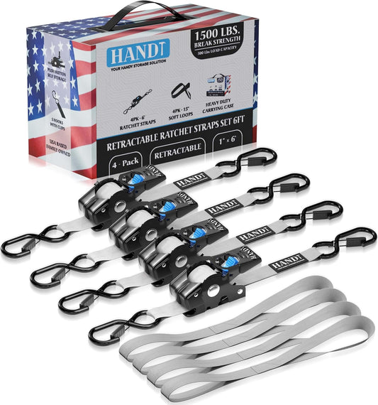 USA Based Retractable Ratchet Straps (4PK) 1In X 6Ft - 1,500Lb Break Strength, Heavy Duty Automatic Ratchet Straps Self Retractable Tie Down, Push Button Retracting Truck Trailer Cargo | Gray