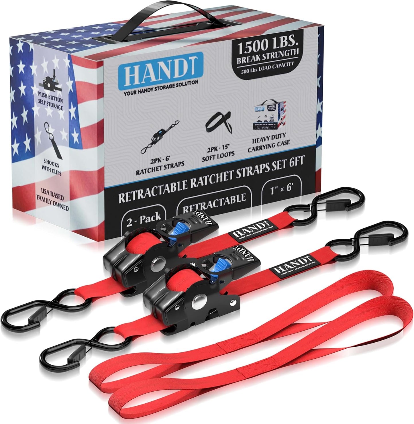 USA Based Retractable Ratchet Straps (2PK) 1In X 6Ft - 1,500Lb Break Strength, Heavy Duty Automatic Ratchet Straps Self Retractable Tie Down, Push Button Retracting Truck Trailer Cargo | Red