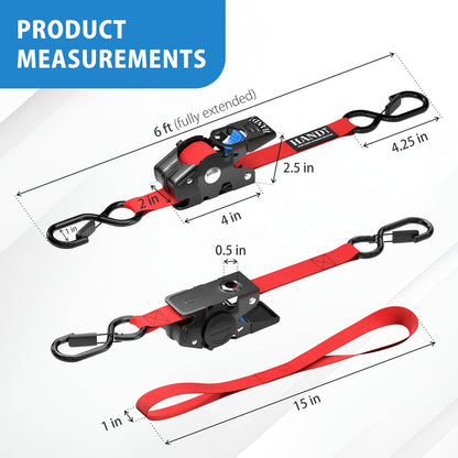 USA Based Retractable Ratchet Straps (2PK) 1In X 6Ft - 1,500Lb Break Strength, Heavy Duty Automatic Ratchet Straps Self Retractable Tie Down, Push Button Retracting Truck Trailer Cargo | Red