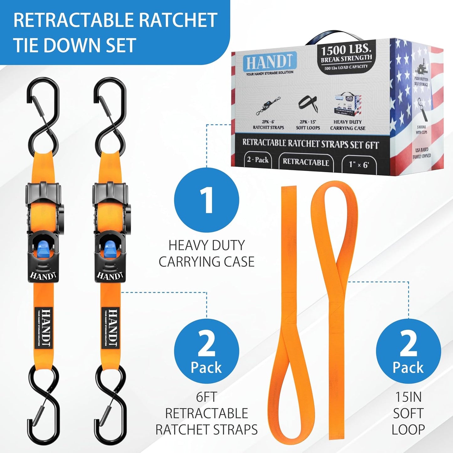 USA Based Retractable Ratchet Straps (2PK) 1In X 6Ft - 1,500Lb Break Strength, Heavy Duty Automatic Ratchet Straps Self Retractable Tie Down, Push Button Retracting Truck Trailer Cargo | Orange