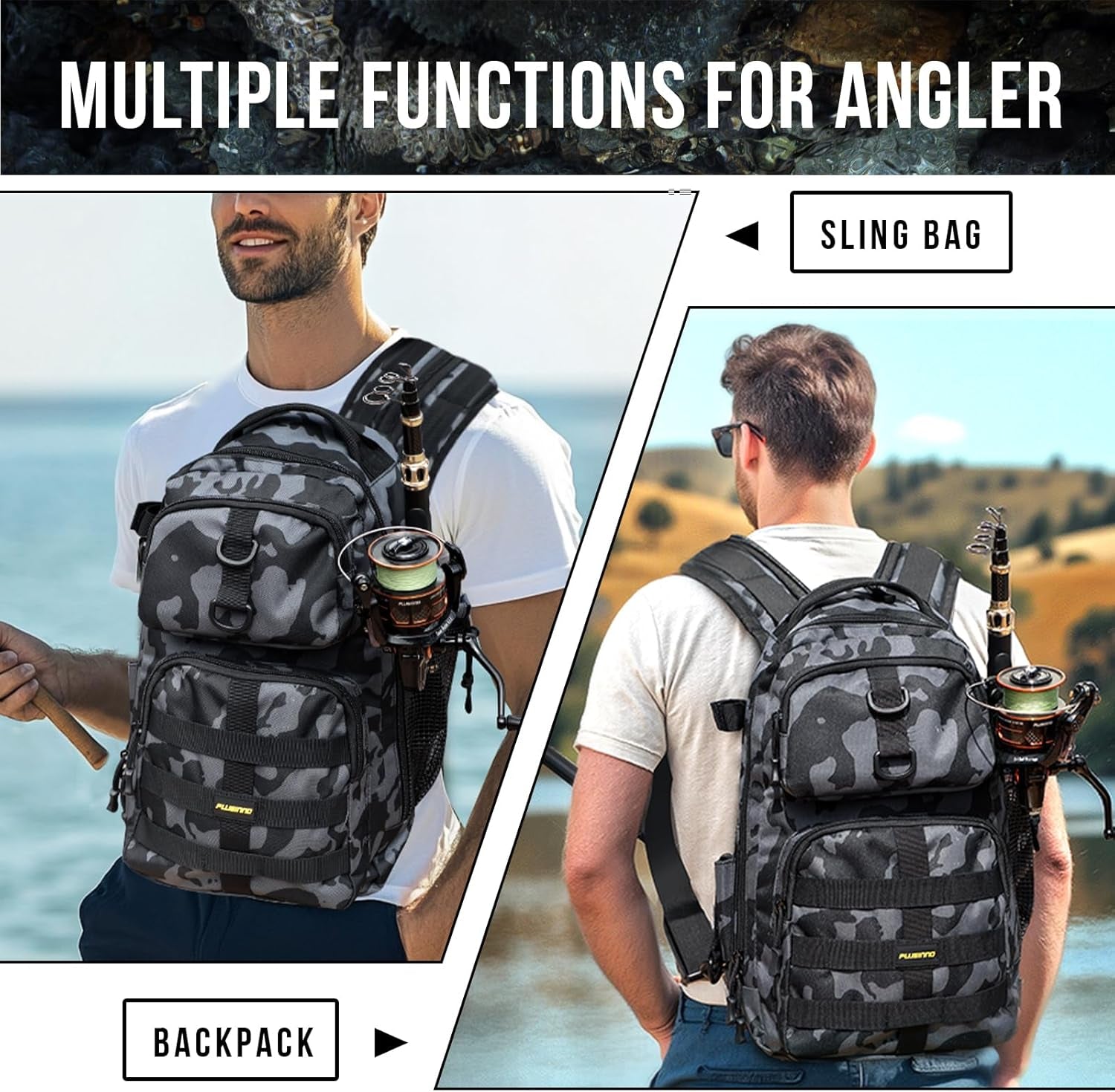 Fishing Backpack with Tackle Boxes, Waterproof Fishing Sling Tackle Bag for Fishing Gear with Rod Holder, Fishing Gifts for Men with Fishing Lures, Fishing Pliers.