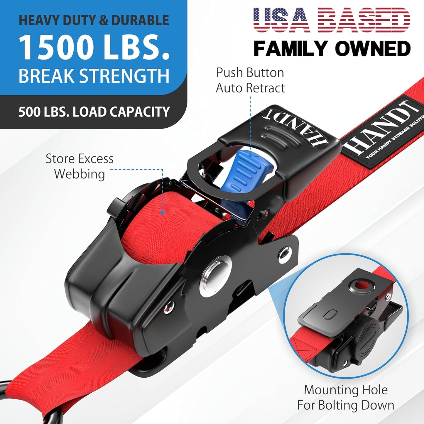 USA Based Retractable Ratchet Straps (2PK) 1In X 6Ft - 1,500Lb Break Strength, Heavy Duty Automatic Ratchet Straps Self Retractable Tie Down, Push Button Retracting Truck Trailer Cargo | Red