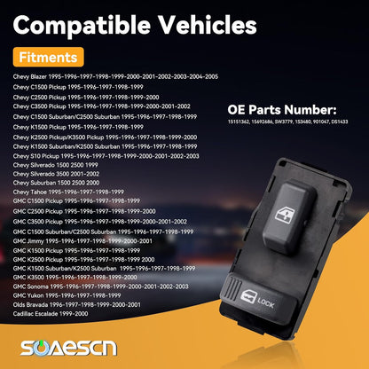 Passenger Side Power Window Switch for 1995-2005 Chevy GMC - Blazer Suburban Silverado Thaoe S10 C1500 C2500 C3500 K1500 K2500 K3500, Jimmy Sonoma Yukon, Escalade, Bravada, 15151362-15692686-901047