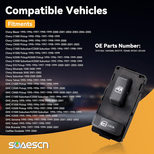 Passenger Side Power Window Switch for 1995-2005 Chevy GMC - Blazer Suburban Silverado Thaoe S10 C1500 C2500 C3500 K1500 K2500 K3500, Jimmy Sonoma Yukon, Escalade, Bravada, 15151362-15692686-901047
