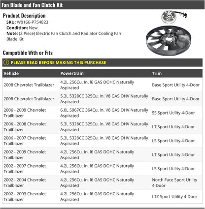 Electric Fan Clutch and Radiator Cooling Fan Blade Kit - Compatible with 2002-2009 Chevy Trailblazer