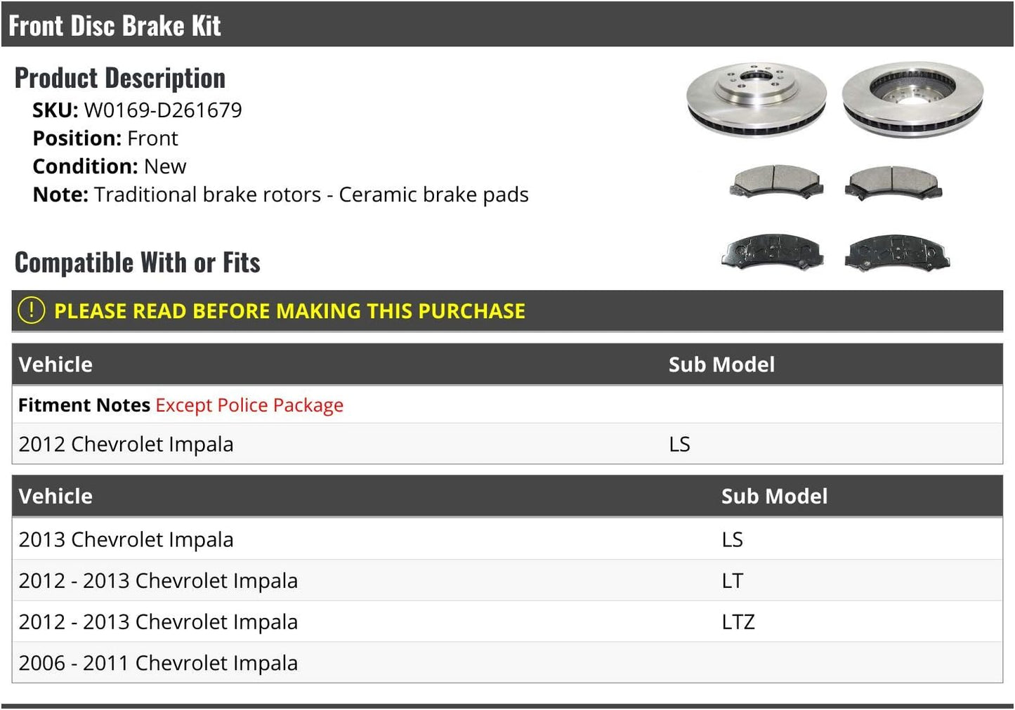 Front Ceramic Brake Pads and Rotor Kit - Compatible with 2006-2013 Chevy Impala