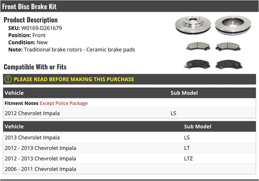 Front Ceramic Brake Pads and Rotor Kit - Compatible with 2006-2013 Chevy Impala