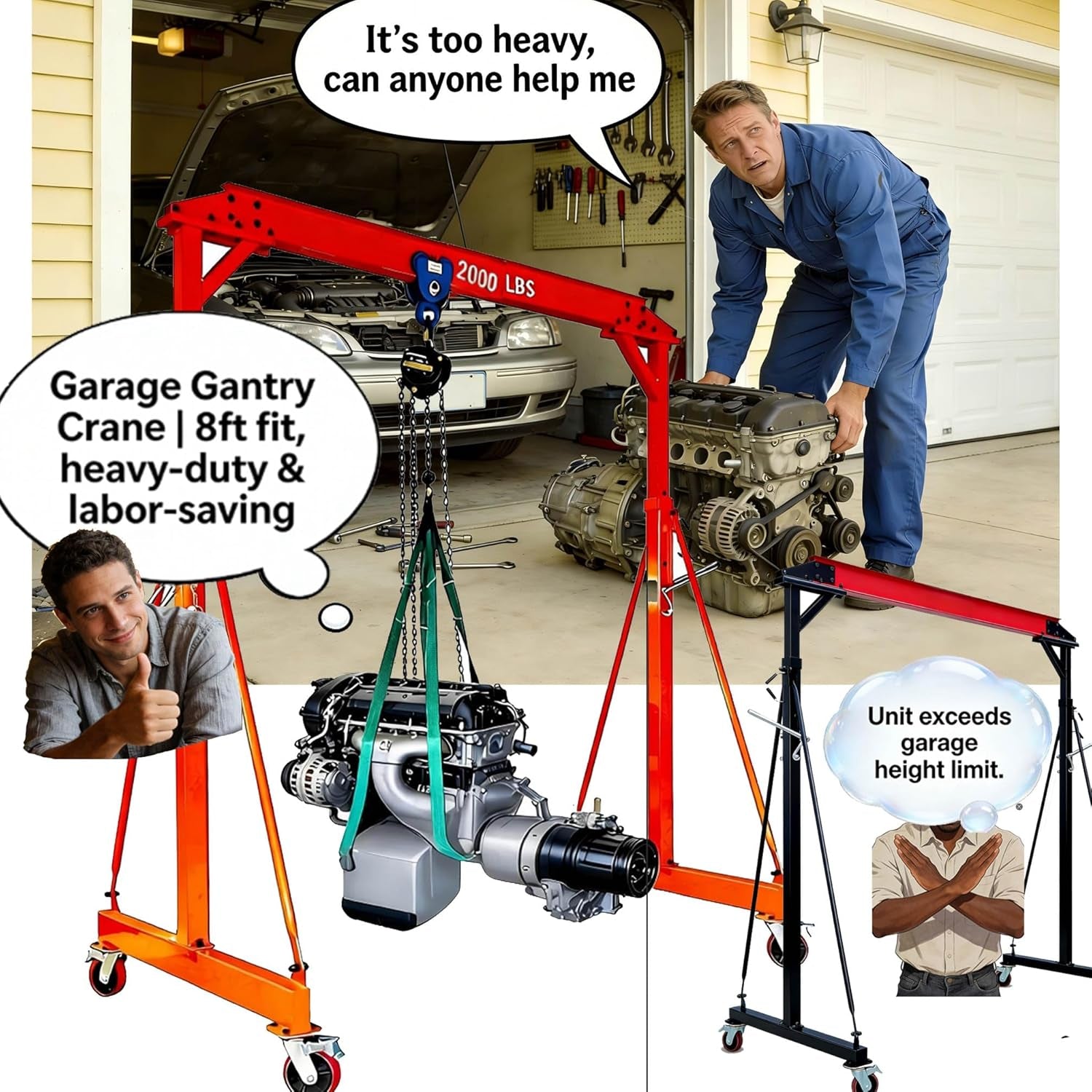Adjustable Gantry Crane with Trolley and Hoist 2000 LBS, Overall Height Adjustable 7.65~10.91 FT, Shop Crane 1T Garage Crane with Rigging Kit with Rigging Kit