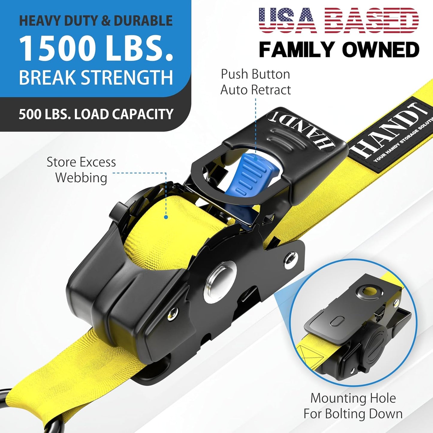 USA Based Retractable Ratchet Straps (2PK) 1In X 6Ft - 1,500Lb Break Strength, Heavy Duty Automatic Ratchet Straps Self Retractable Tie Down, Push Button Retracting Truck Trailer Cargo | Yellow