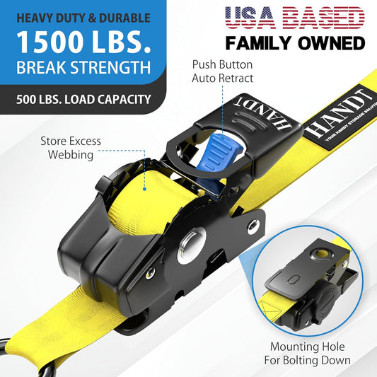 USA Based Retractable Ratchet Straps (2PK) 1In X 6Ft - 1,500Lb Break Strength, Heavy Duty Automatic Ratchet Straps Self Retractable Tie Down, Push Button Retracting Truck Trailer Cargo | Yellow