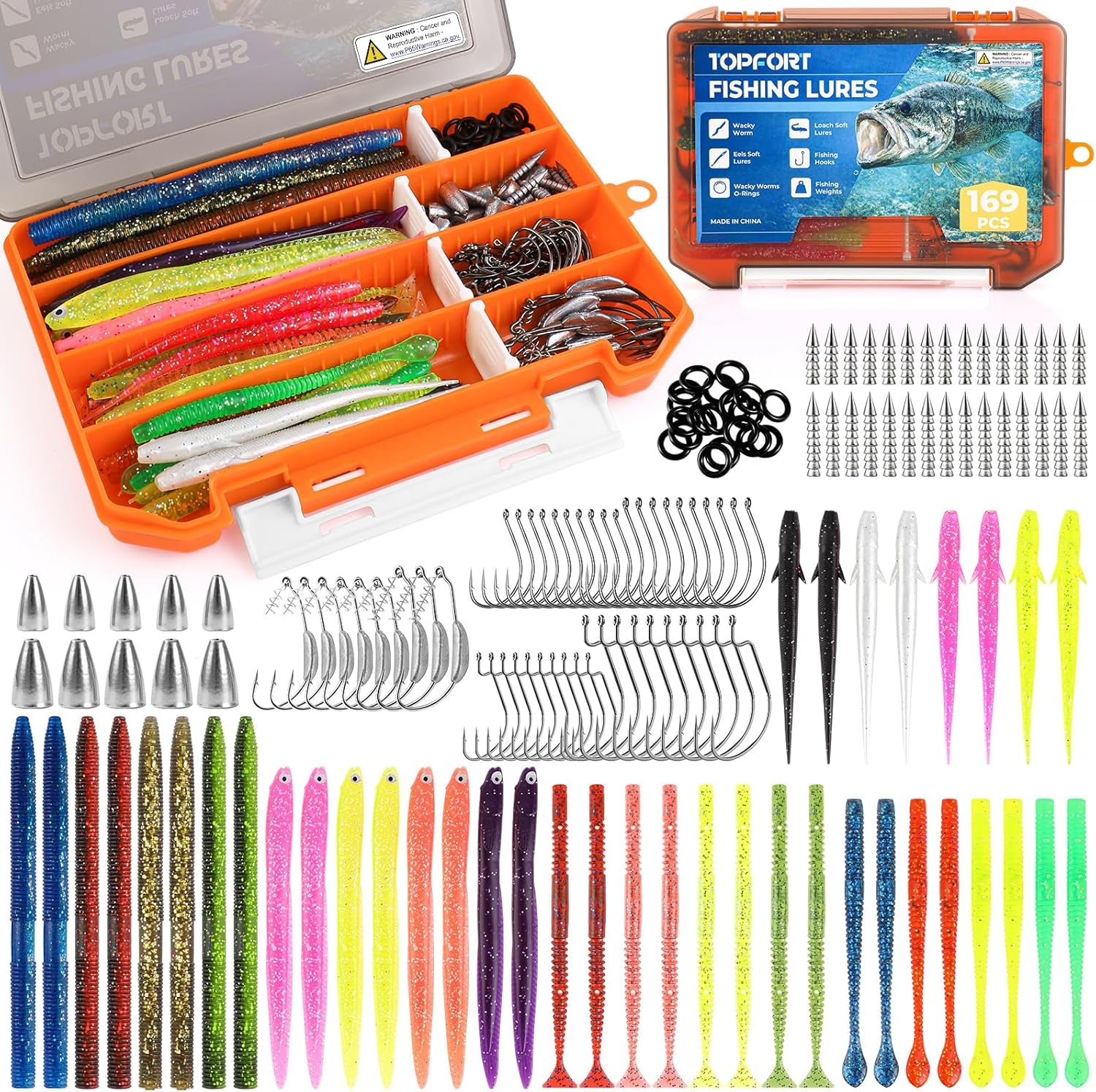 Fishing Lures, Bass Fishing Kit with Wacky Worm, Fishing Worms for Bass Fishing, Soft Plastic Baits with Hooks, Weights, Fishing Accessories, Fishing Gear Fishing Gifts for Men with Tackle Box