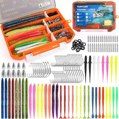 Fishing Lures, Bass Fishing Kit with Wacky Worm, Fishing Worms for Bass Fishing, Soft Plastic Baits with Hooks, Weights, Fishing Accessories, Fishing Gear Fishing Gifts for Men with Tackle Box