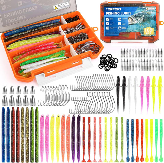 Fishing Lures, Bass Fishing Kit with Wacky Worm, Fishing Worms for Bass Fishing, Soft Plastic Baits with Hooks, Weights, Fishing Accessories, Fishing Gear Fishing Gifts for Men with Tackle Box