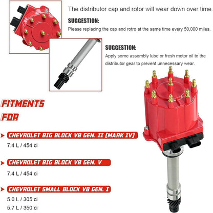 Ignition Distributor Compatible with 1987-1997 GMC Chevy 5.0L 5.7L 7.4L C/K Pickup Truck Van Big Blocks Small Blocks 305 350 454 HEI652R Red Cap