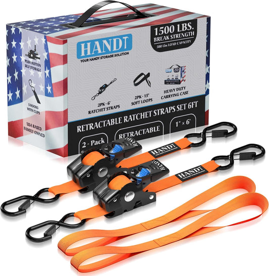 USA Based Retractable Ratchet Straps (2PK) 1In X 6Ft - 1,500Lb Break Strength, Heavy Duty Automatic Ratchet Straps Self Retractable Tie Down, Push Button Retracting Truck Trailer Cargo | Orange
