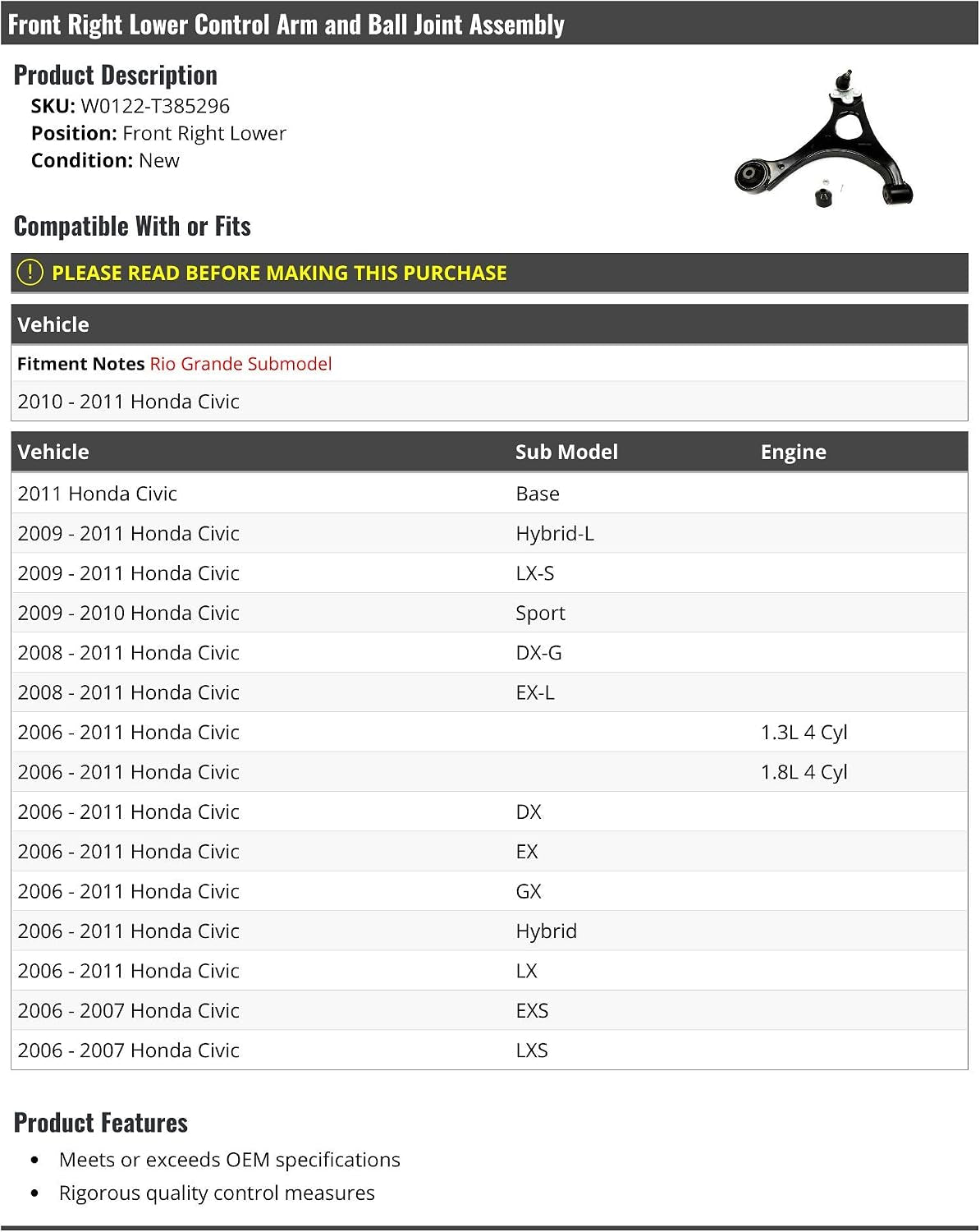 Front Right Passenger Side Lower Control Arm and Ball Joint Assembly - Compatible with 2006-2011 Honda Civic
