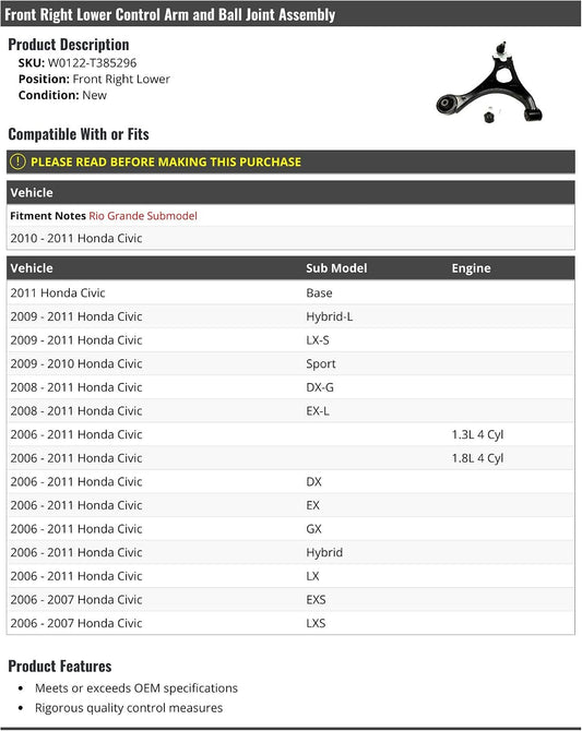 Front Right Passenger Side Lower Control Arm and Ball Joint Assembly - Compatible with 2006-2011 Honda Civic