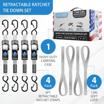 USA Based Retractable Ratchet Straps (4PK) 1In X 6Ft - 1,500Lb Break Strength, Heavy Duty Automatic Ratchet Straps Self Retractable Tie Down, Push Button Retracting Truck Trailer Cargo | Gray