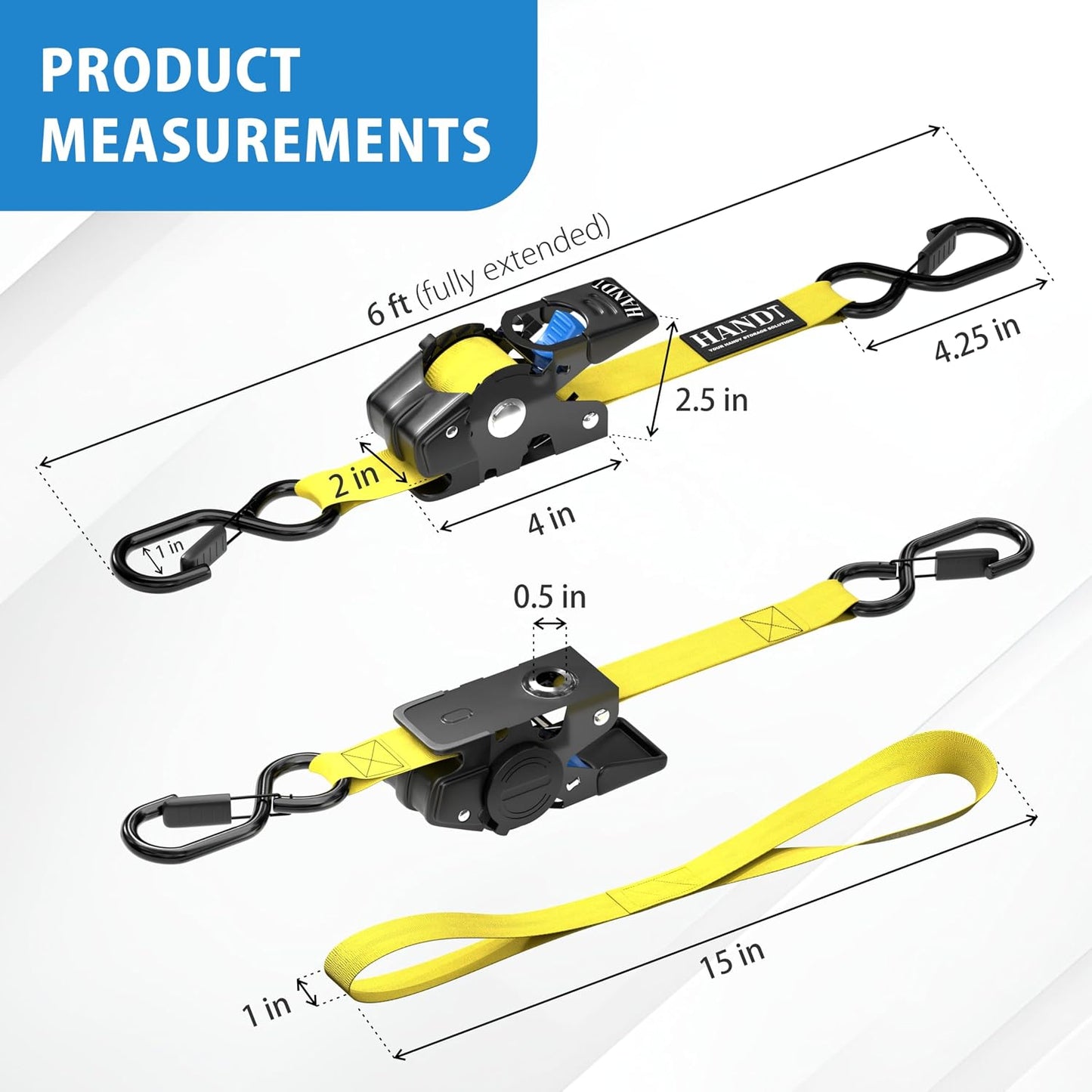 USA Based Retractable Ratchet Straps (2PK) 1In X 6Ft - 1,500Lb Break Strength, Heavy Duty Automatic Ratchet Straps Self Retractable Tie Down, Push Button Retracting Truck Trailer Cargo | Yellow