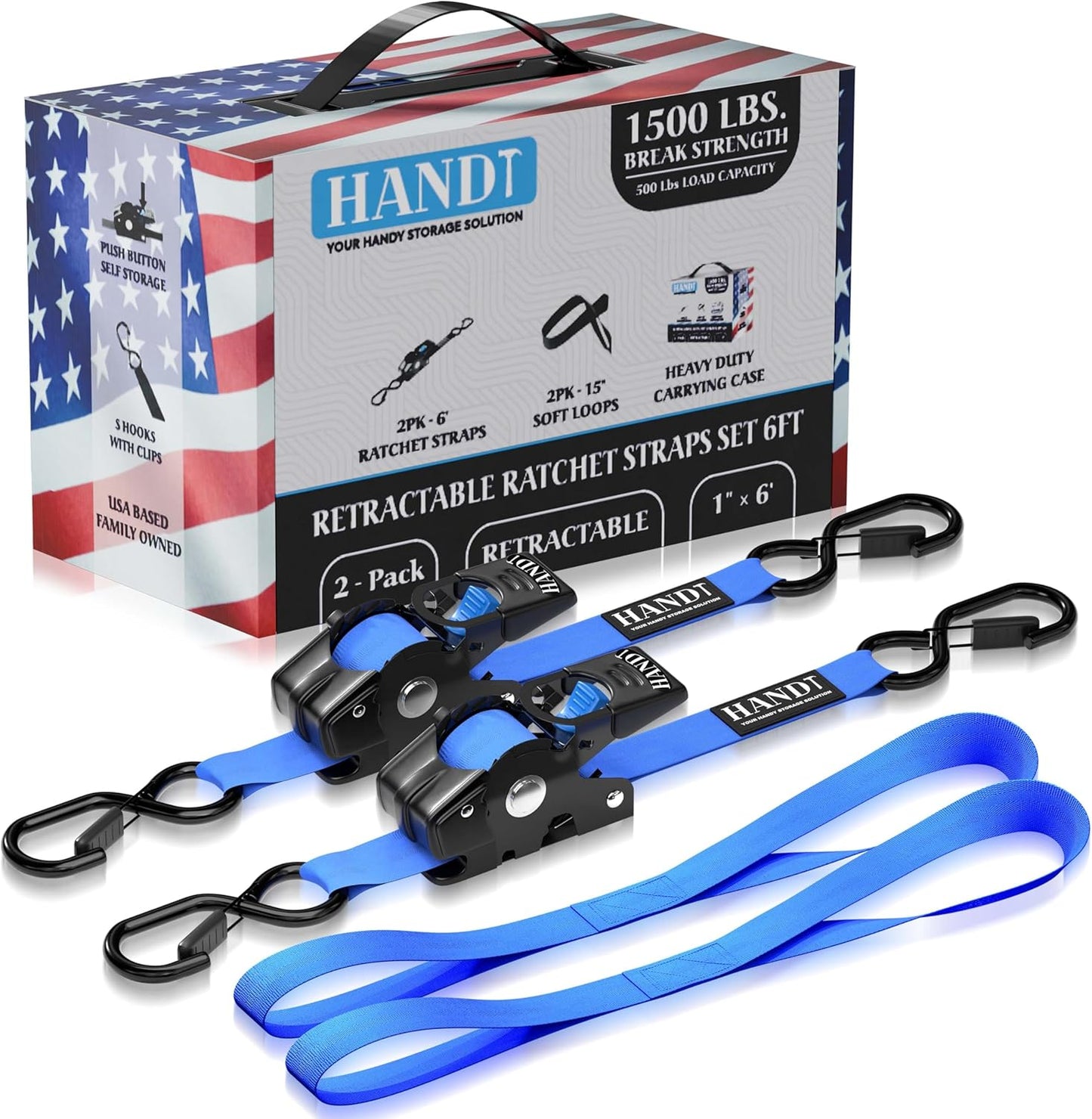 USA Based Retractable Ratchet Straps (2PK) 1In X 6Ft - 1,500Lb Break Strength, Heavy Duty Automatic Ratchet Straps Self Retractable Tie Down, Push Button Retracting Truck Trailer Cargo | Blue