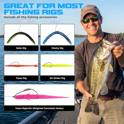 Fishing Lures, Bass Fishing Kit with Wacky Worm, Fishing Worms for Bass Fishing, Soft Plastic Baits with Hooks, Weights, Fishing Accessories, Fishing Gear Fishing Gifts for Men with Tackle Box