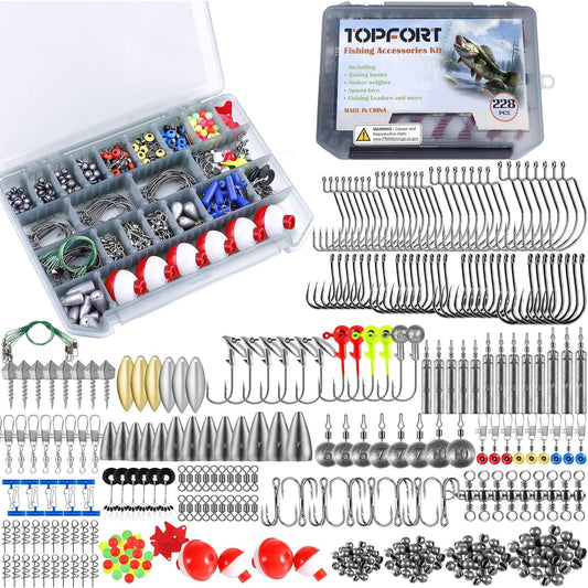 187/343Pcs Fishing Accessories Kit, Organized Fishing Tackle Box with Tackle Included, Fishing Hooks, Fishing Weights Sinkers, Fishing Gear and Equipment, Fishing Gift for Men