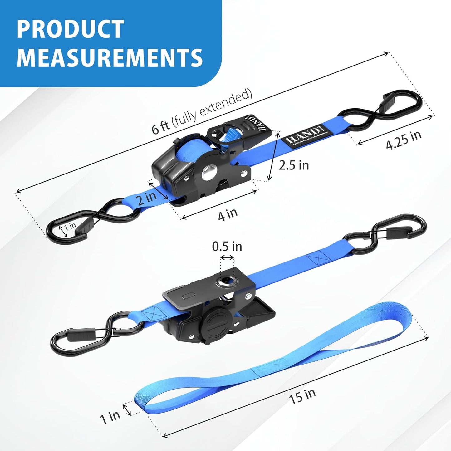 USA Based Retractable Ratchet Straps (2PK) 1In X 6Ft - 1,500Lb Break Strength, Heavy Duty Automatic Ratchet Straps Self Retractable Tie Down, Push Button Retracting Truck Trailer Cargo | Blue
