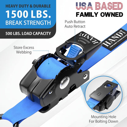 USA Based Retractable Ratchet Straps (2PK) 1In X 6Ft - 1,500Lb Break Strength, Heavy Duty Automatic Ratchet Straps Self Retractable Tie Down, Push Button Retracting Truck Trailer Cargo | Blue