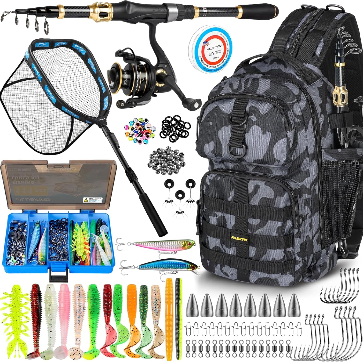 Fishing Gear- Fishing Rod and Reel Combos, Fishing Backpack, Fishing Net, Fishing Bag with Rod Holders and Tackle Box for Freshwater/Saltwater, Fishing Gifts for Men