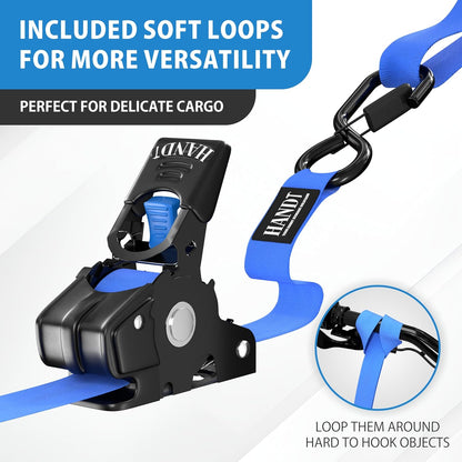 USA Based Retractable Ratchet Straps (2PK) 1In X 6Ft - 1,500Lb Break Strength, Heavy Duty Automatic Ratchet Straps Self Retractable Tie Down, Push Button Retracting Truck Trailer Cargo | Blue