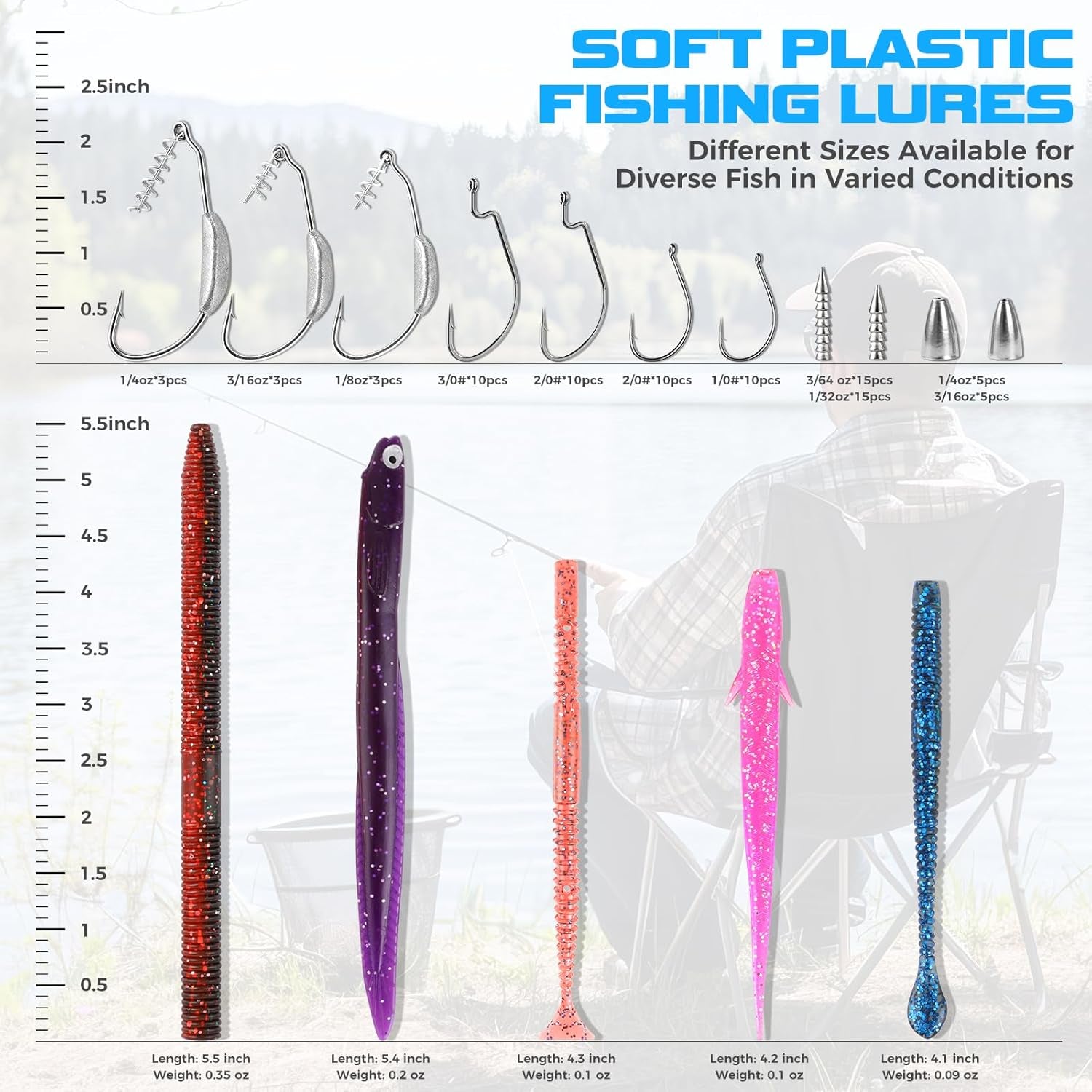 Fishing Lures, Bass Fishing Kit with Wacky Worm, Fishing Worms for Bass Fishing, Soft Plastic Baits with Hooks, Weights, Fishing Accessories, Fishing Gear Fishing Gifts for Men with Tackle Box