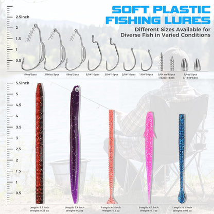 Fishing Lures, Bass Fishing Kit with Wacky Worm, Fishing Worms for Bass Fishing, Soft Plastic Baits with Hooks, Weights, Fishing Accessories, Fishing Gear Fishing Gifts for Men with Tackle Box