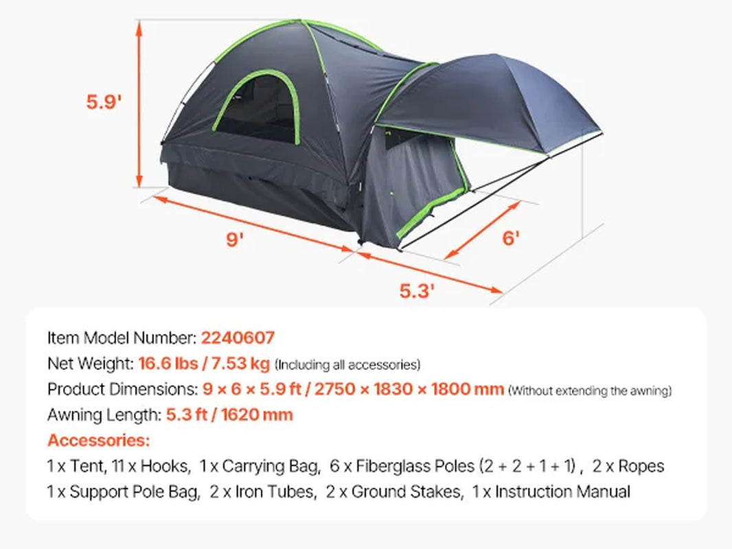 Pickup Truck Tent for Camping Waterproof PU2000 2-3 Person Truck Bed Tent Truck Bed Camper Shell with Expandable Awning