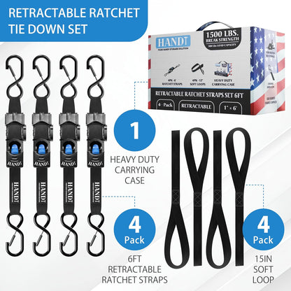 USA Based Retractable Ratchet Straps (4PK) 1In X 6Ft - 1,500Lb Break Strength, Heavy Duty Automatic Ratchet Straps Self Retractable Tie Down, Push Button Retracting Truck Trailer Cargo | Black